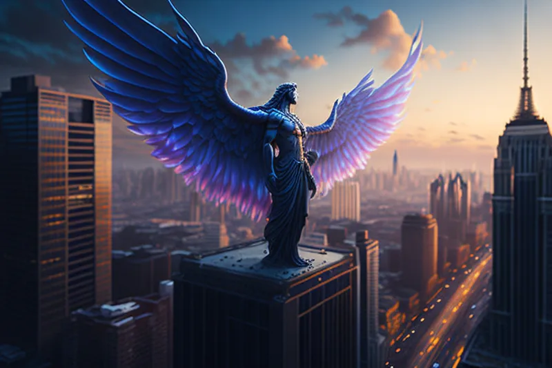 angel con alas multicolor desplegadas mirando la ciudad desde lo alto